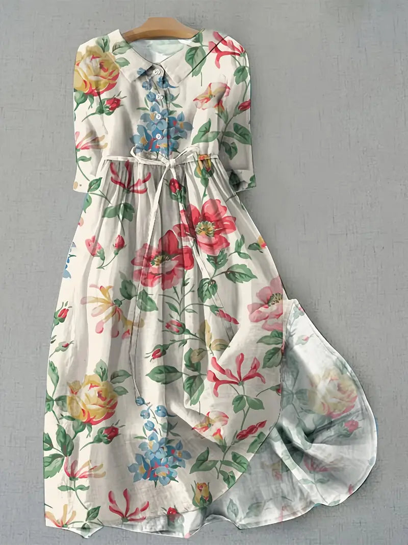 Collared Rose Floral Print Tie Waist A-Line Midi Dress