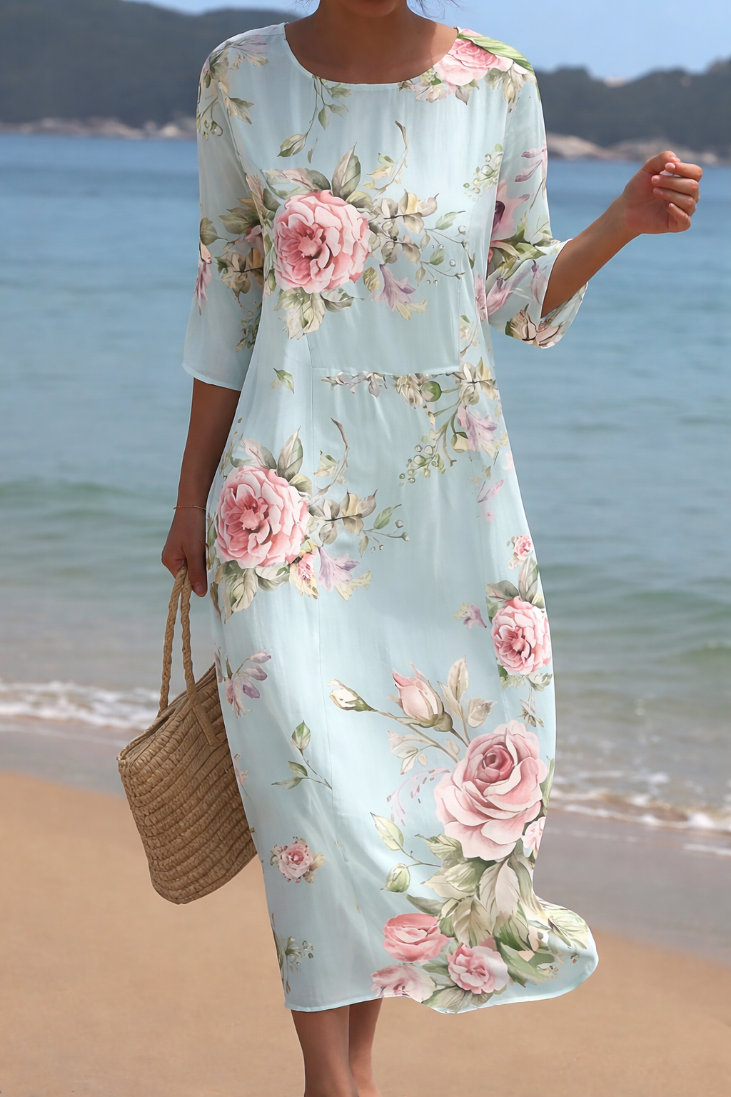 Round Neck Half Sleeve Rose Floral Print Loose Midi Dress