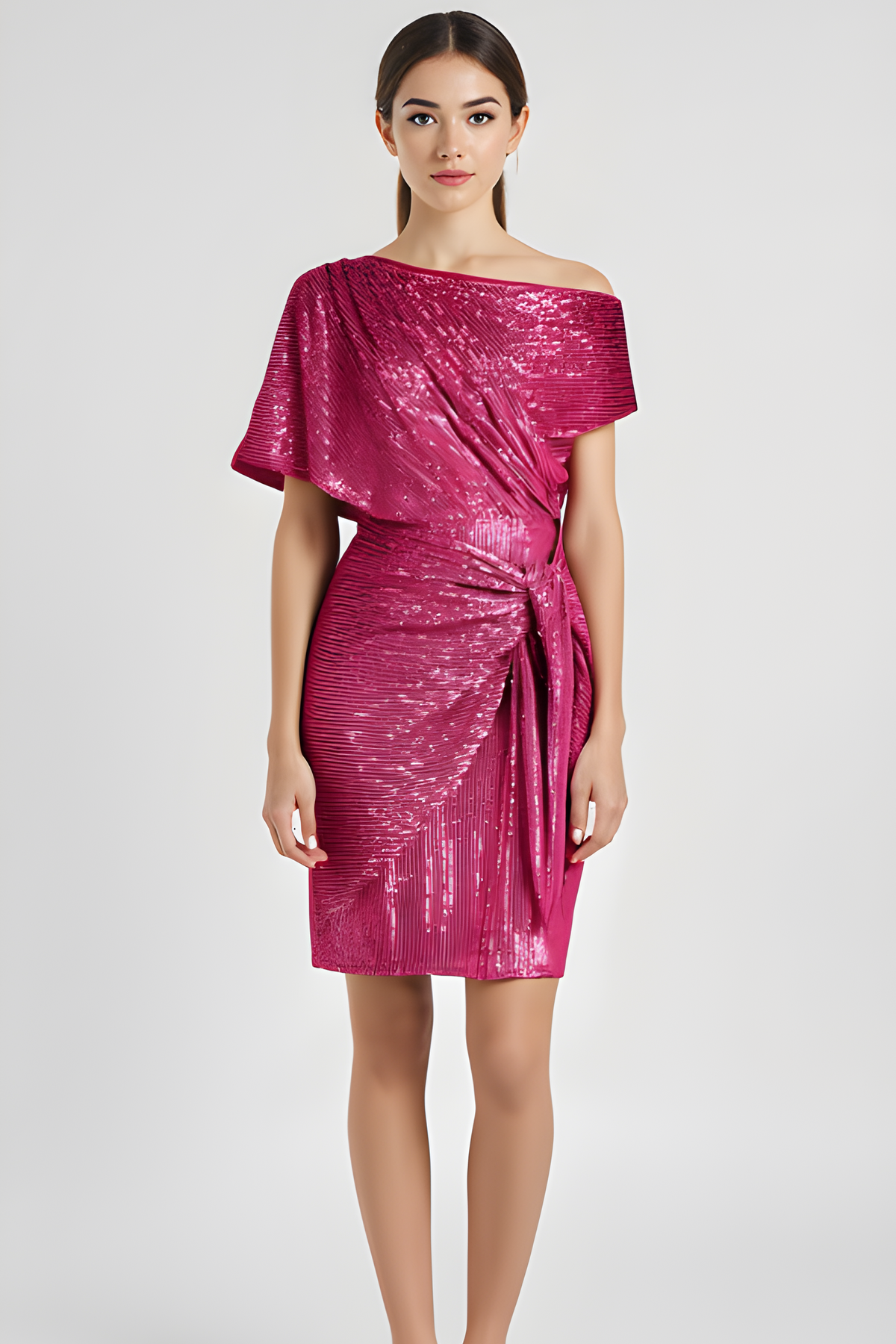 Asymmetric One-Shoulder Metallic Shimmer Side Tie Draped Midi Dress