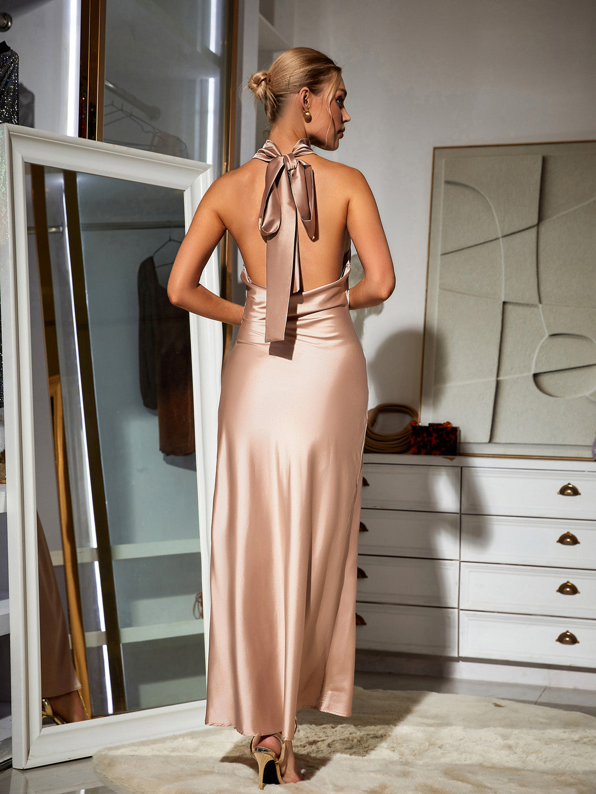 Halterneck Satin Backless Bow Tie A-Line Maxi Dress 5