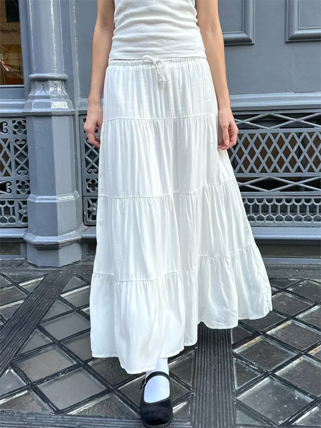 Folds Laceup White Maxi Skirts Woman Summer High Waist Aline Loose Faldas Casual Sweet Simple Preppy Style Cute Long Skirt