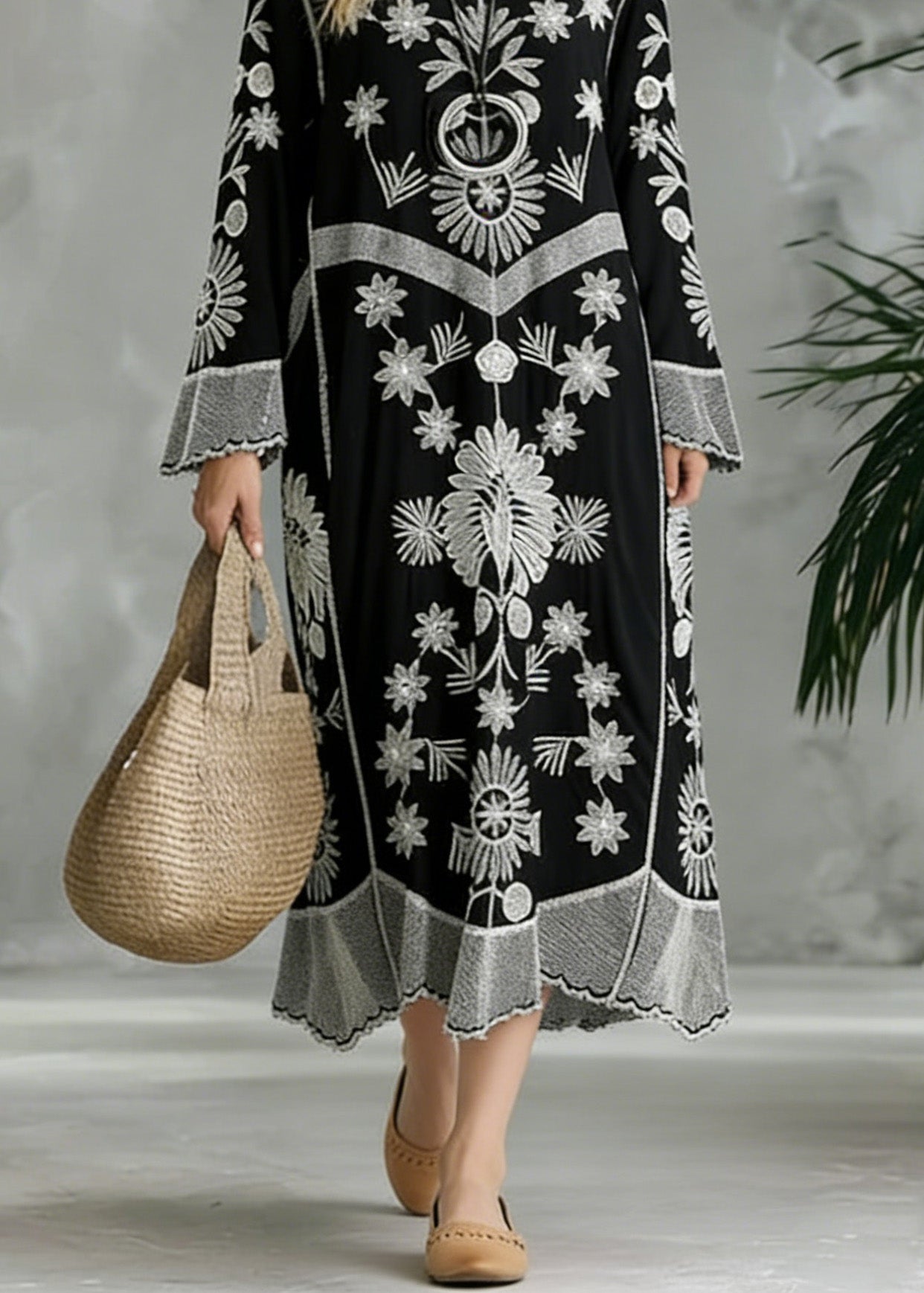 French Black Print V neck Baggy Chiffon Robes Spring Dresses