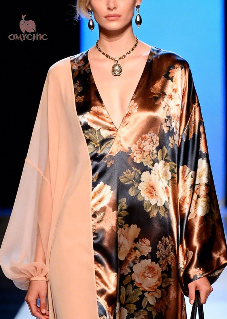 French Brown Asymmetrical Patchwork Print Silk Long Dress Spring