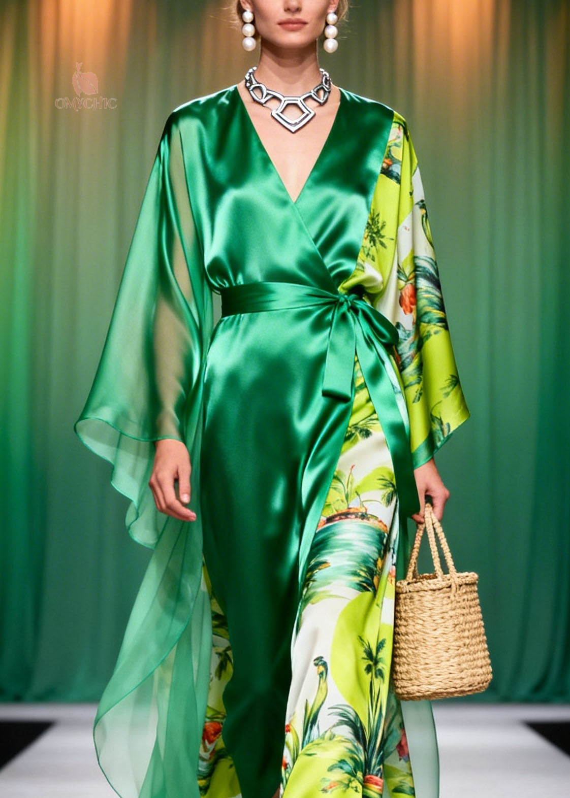 French Green V Neck Print Patchwork Chiffon Long Dresses Spring