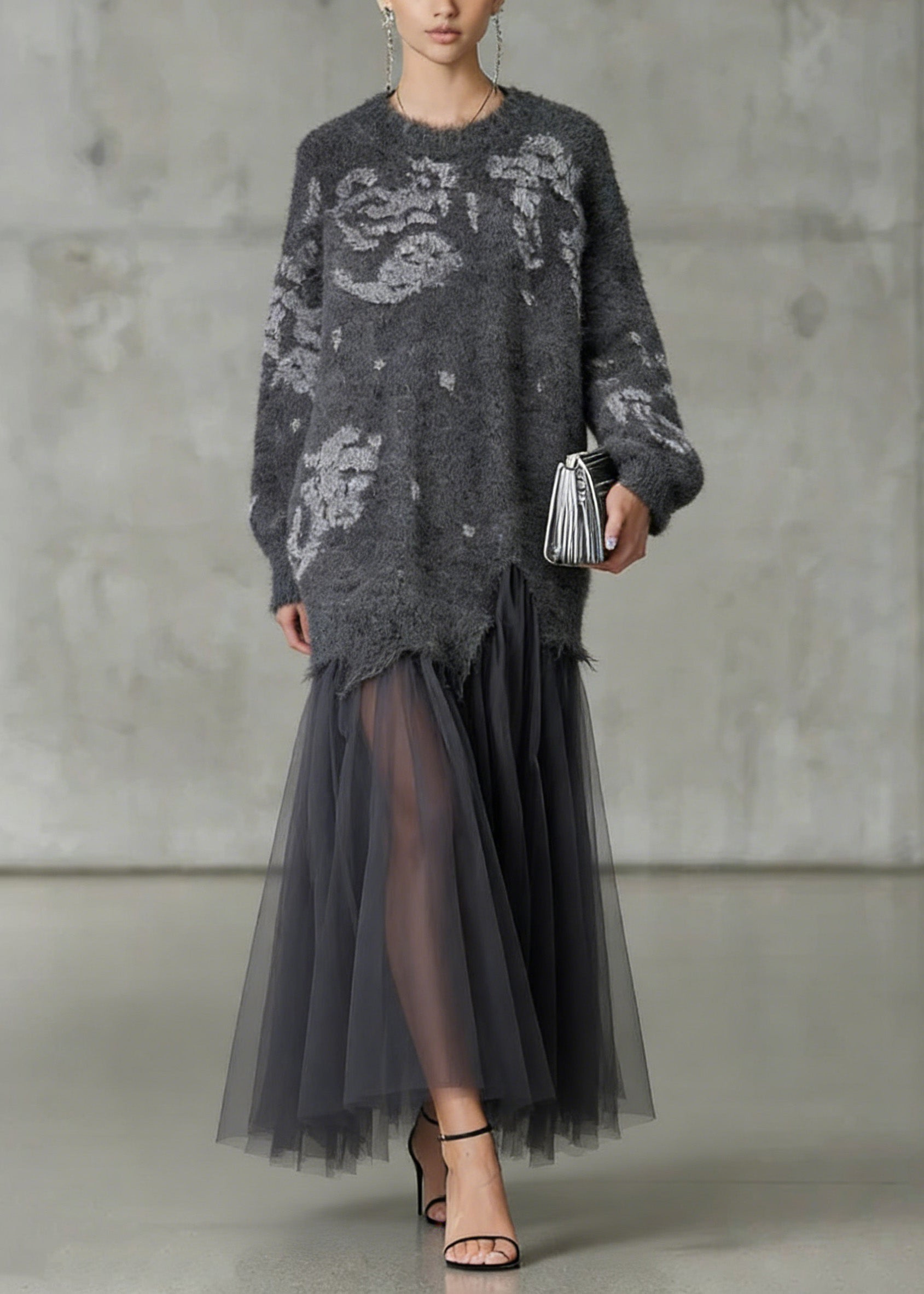French Grey O Neck Tulle Patchwork Knit Dress Spring