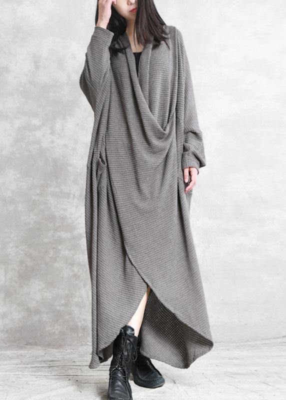 French Grey Pockets Asymmetrical Design Fall Long Sleeve Dress