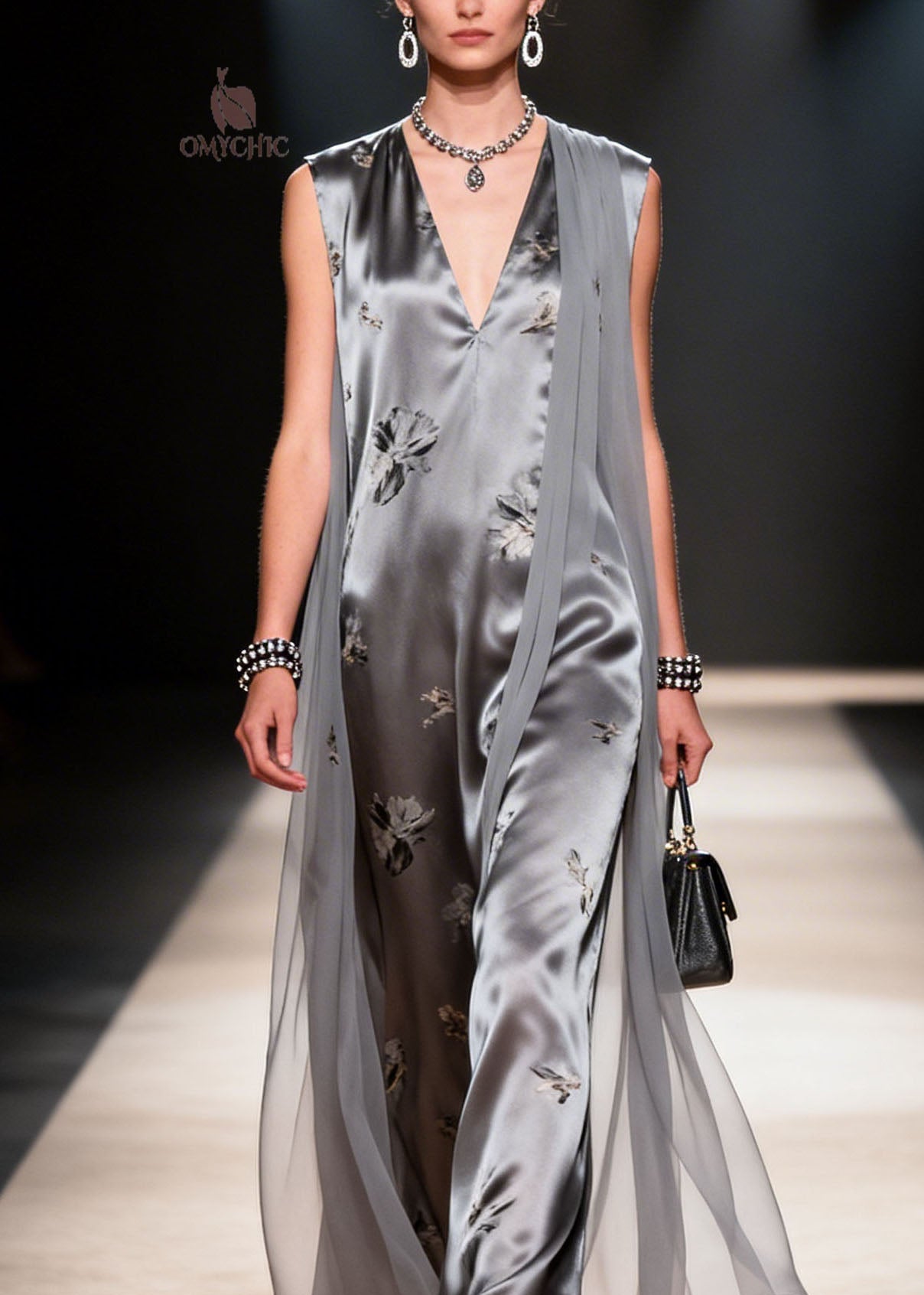 French Grey V Neck Print Patchwork Chiffon Dress Summer
