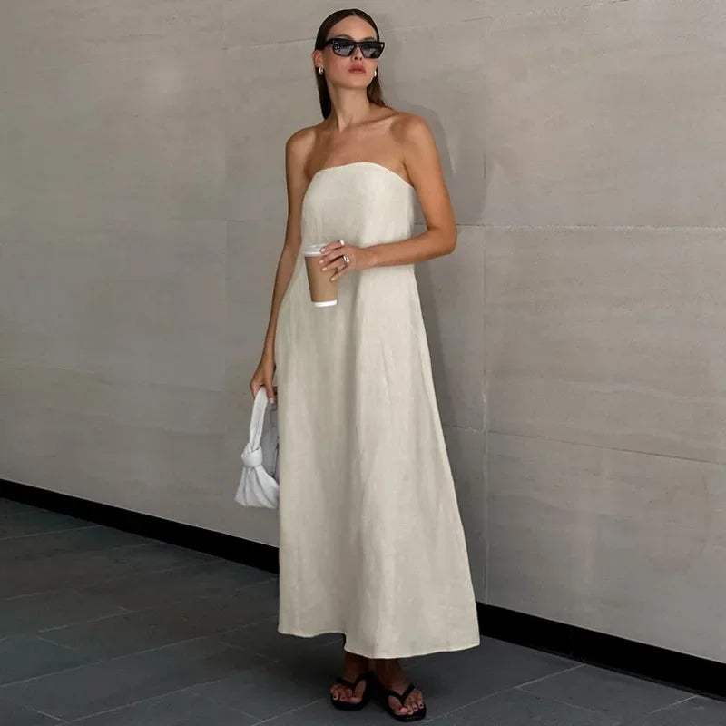 Daria Khaki Linen A-line Dress with Pockets for Women Easy Wear Style