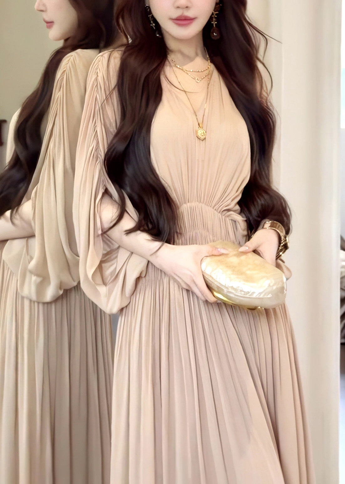 French Khaki Oversized Chiffon Robe Dresses Batwing Sleeve