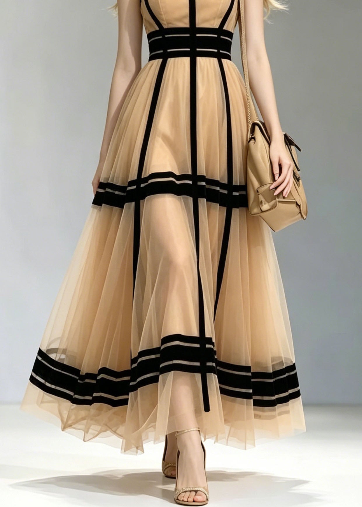 French Khaki Square Collar Patchwork Tulle Maxi Dress Summer