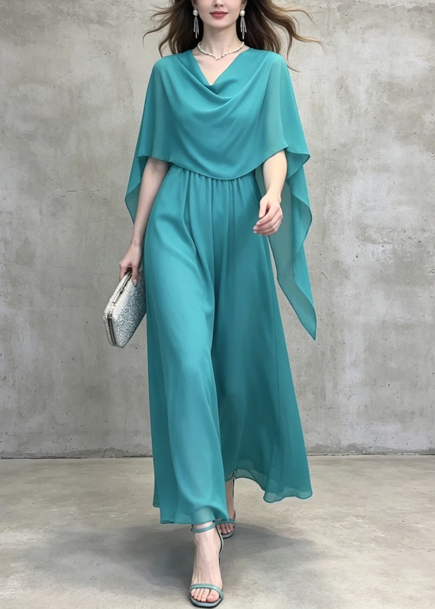 French Lake Blue Patchwork Chiffon Long Dress Summer