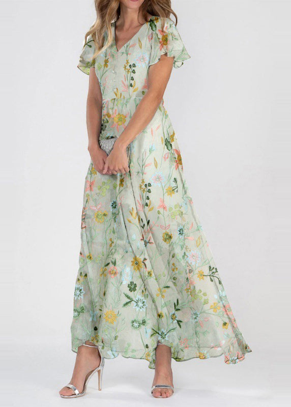 French Light Green V Neck Print Chiffon Long Dress Summer