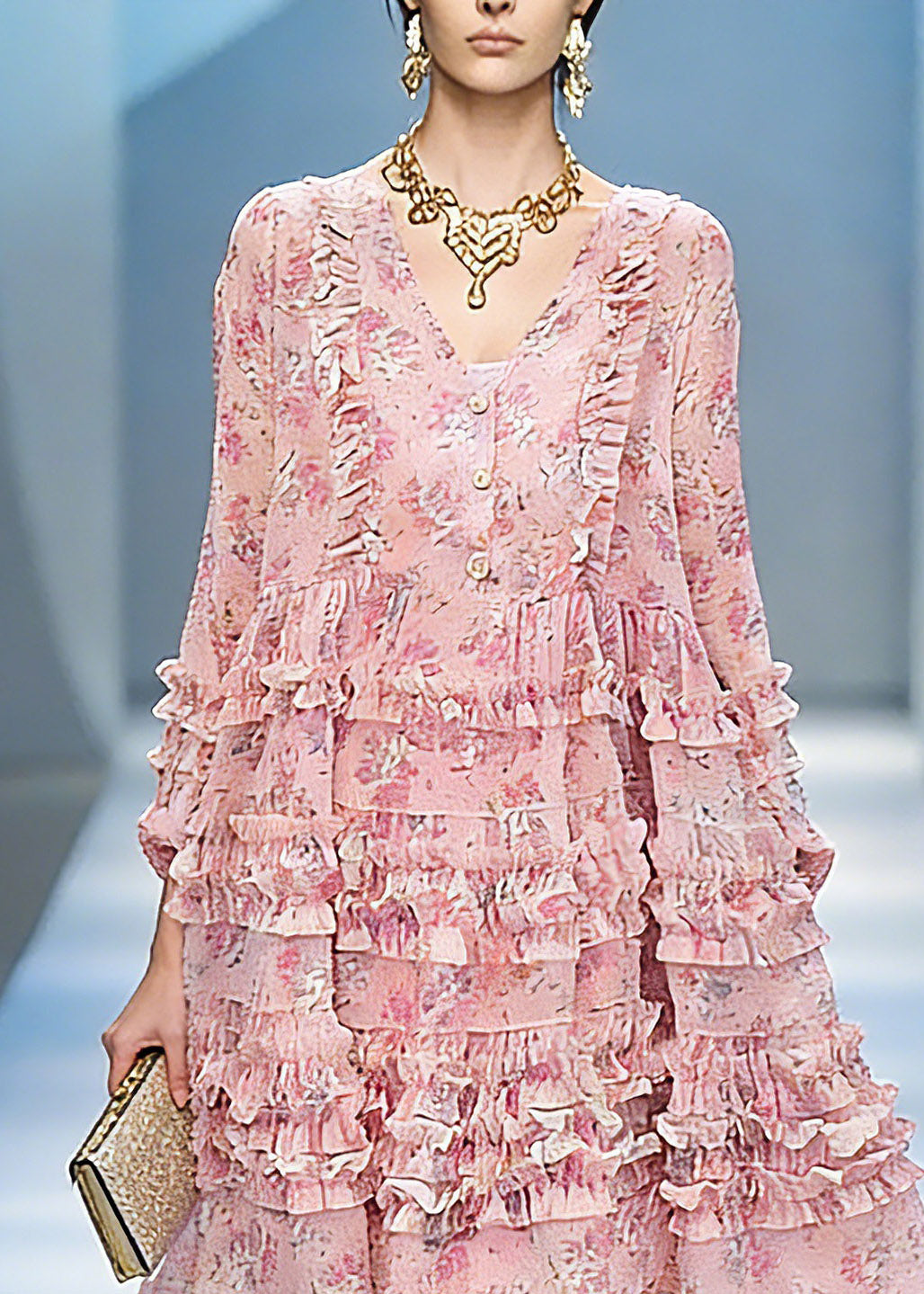 French Pink V Neck Long Cake Dress Lantern Sleeve
