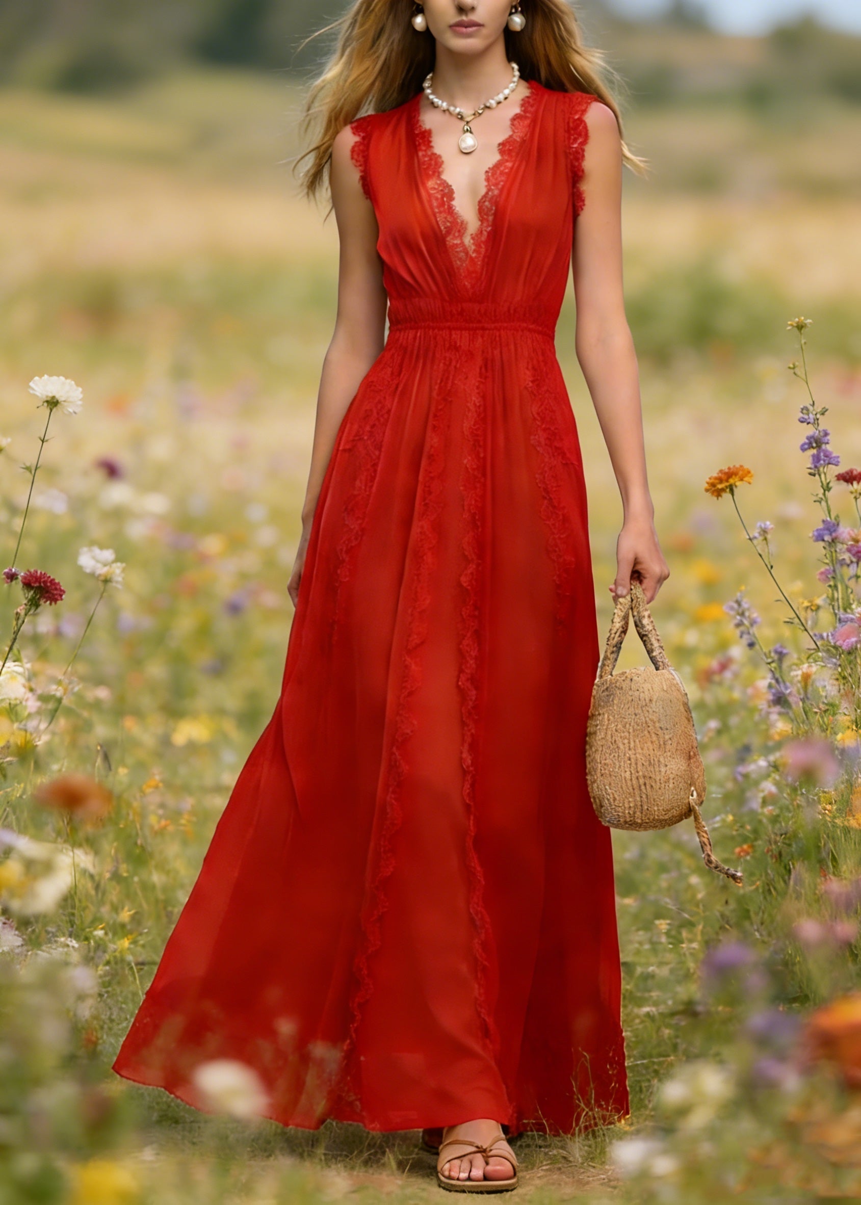 French Red V Neck Lace Patchwork Cotton Maxi Dress Summer