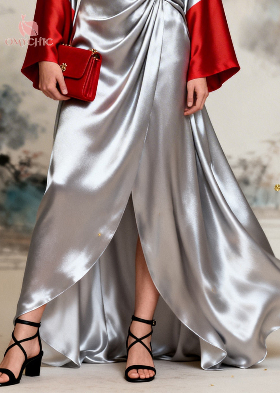 French Silvery Exra Large Hem Side Open Patchwork Silk Dresses Long Sleeve