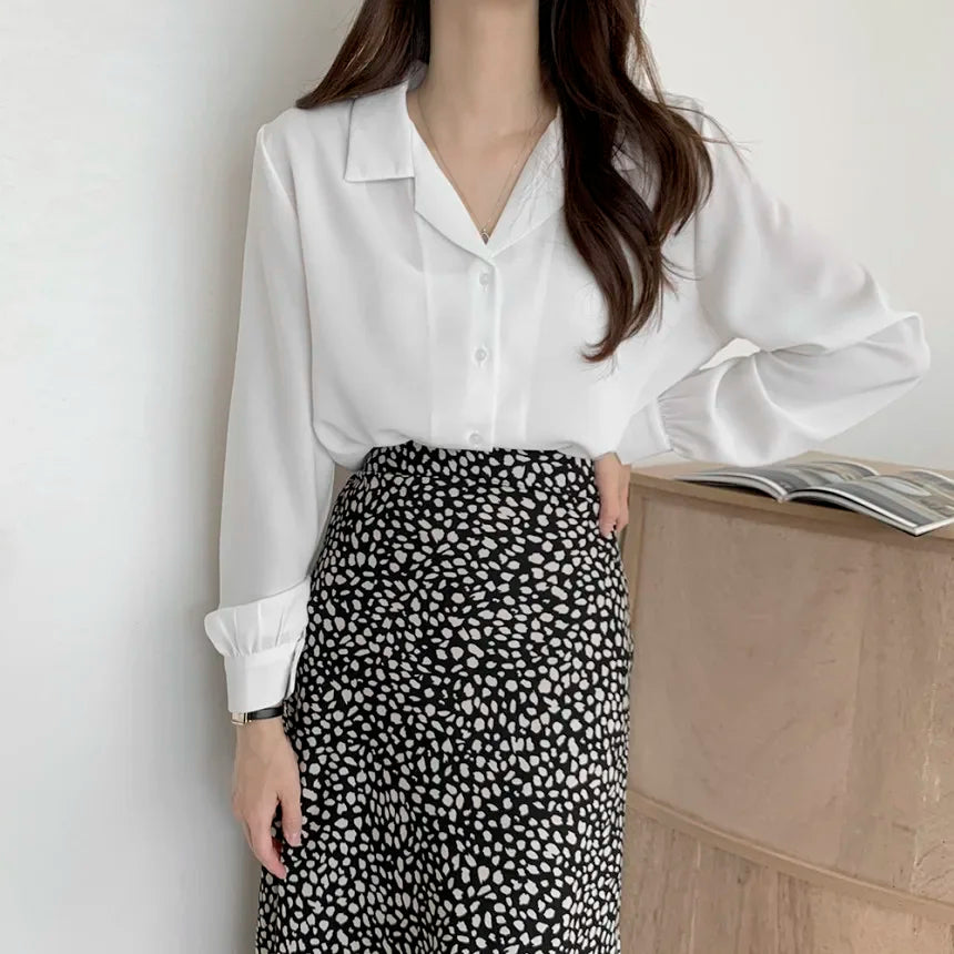 Thin Solid Color Long Sleeve Turn Down Collar Blouse WHITE / One Size blouse-250126