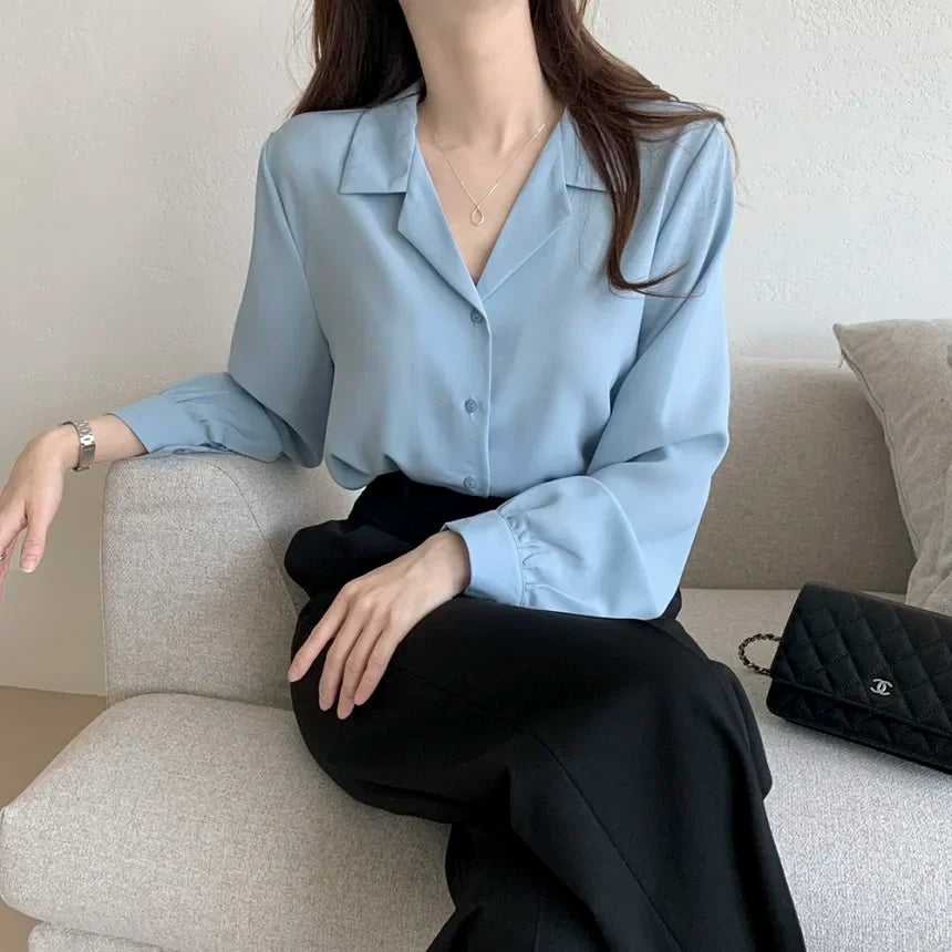 Thin Solid Color Long Sleeve Turn Down Collar Blouse Sky Blue / One Size blouse-250126