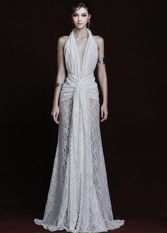 French White Halter Side Open Lace Party Dresses Summer