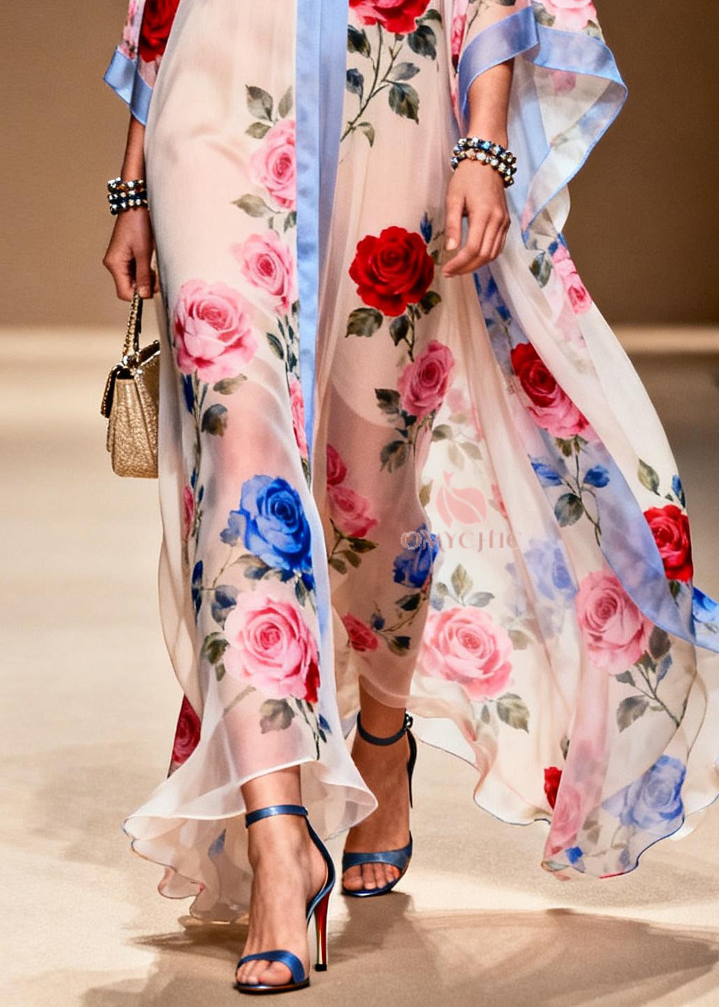 French White Oversized Print Chiffon Beach Dress Summer