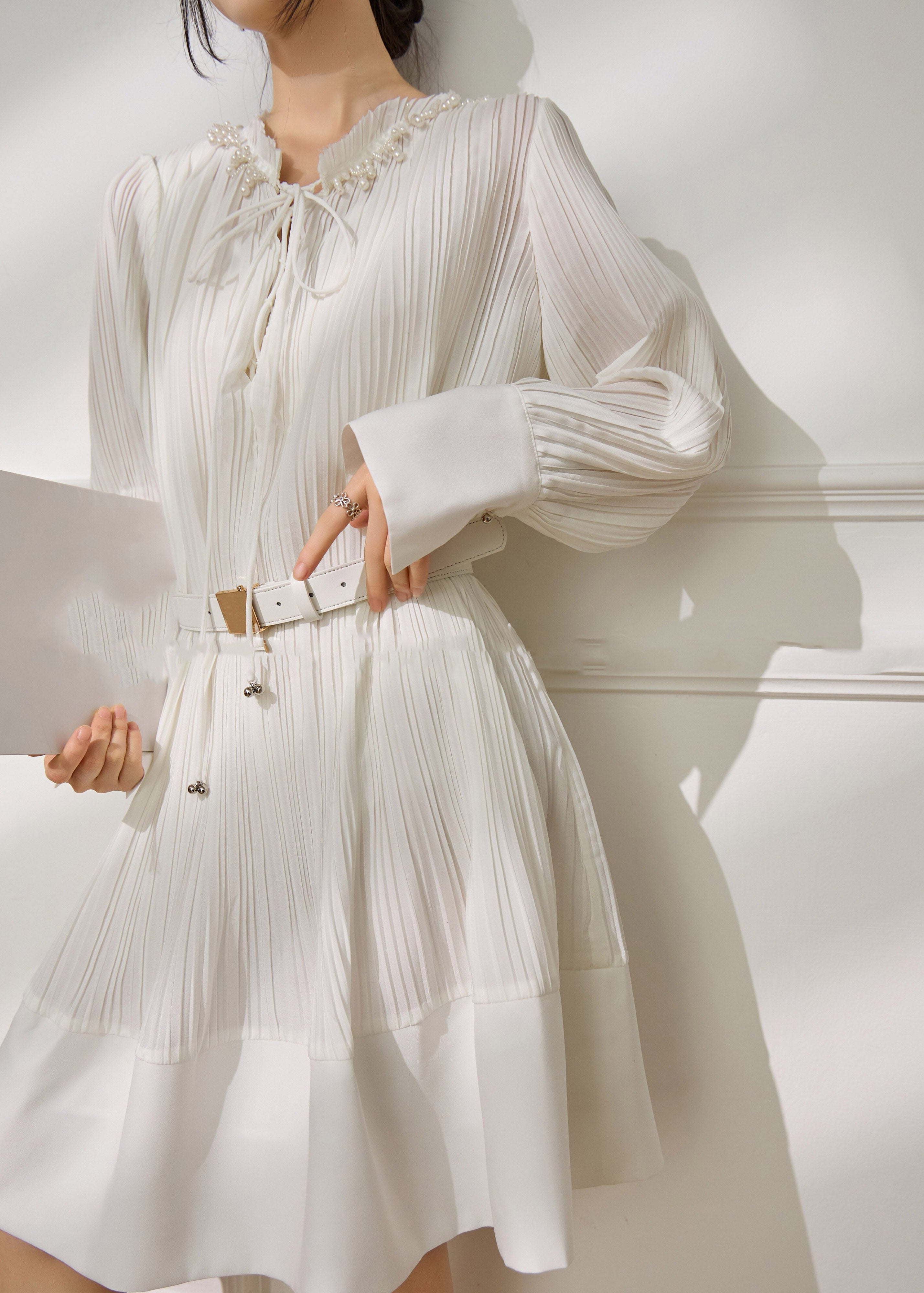 French White Stand Collar Pearl Sashe Long Dress Long Sleeve