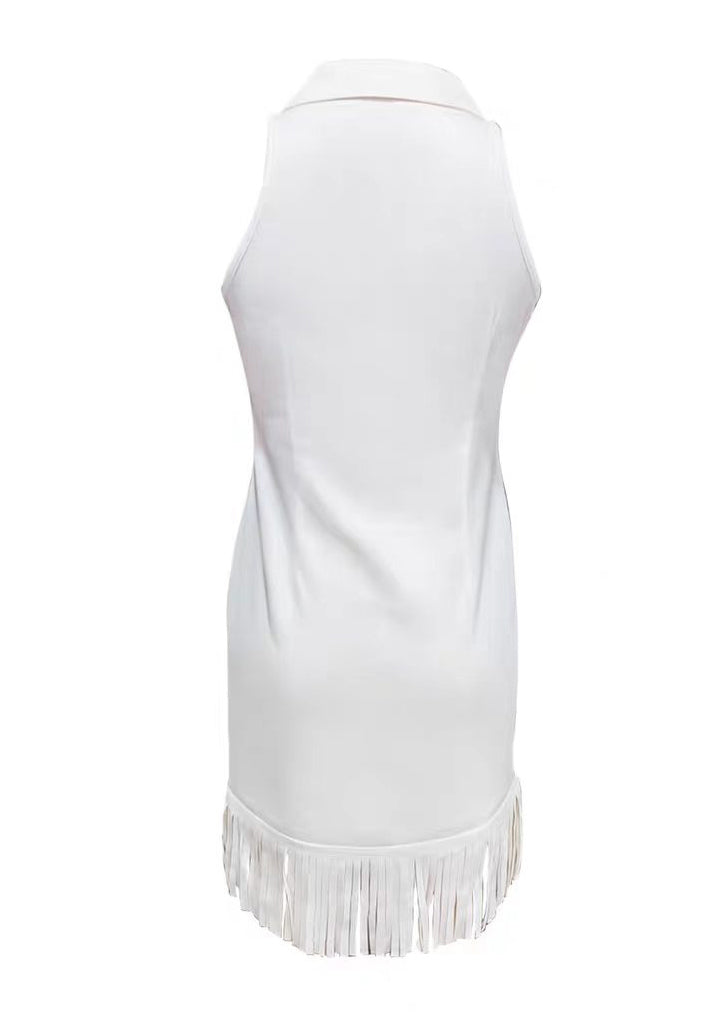 French White Tasseled Zippered Cotton Dress Sleeveless
