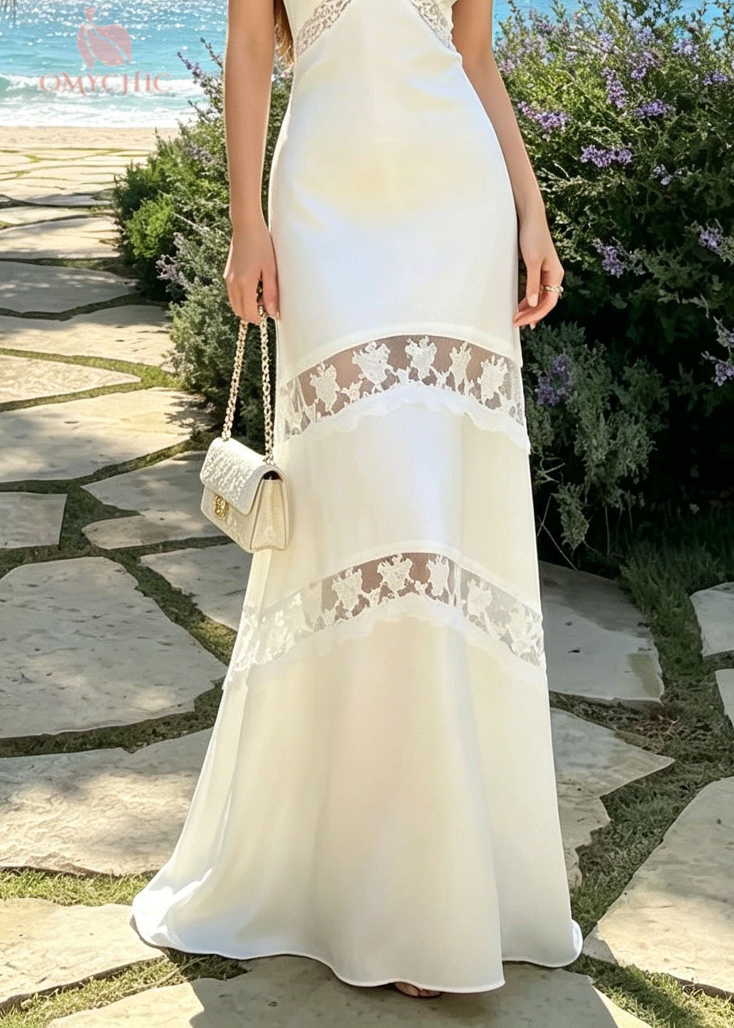 French White V Neck Lace Patchwork Silk Spaghetti Strap Dress Summer