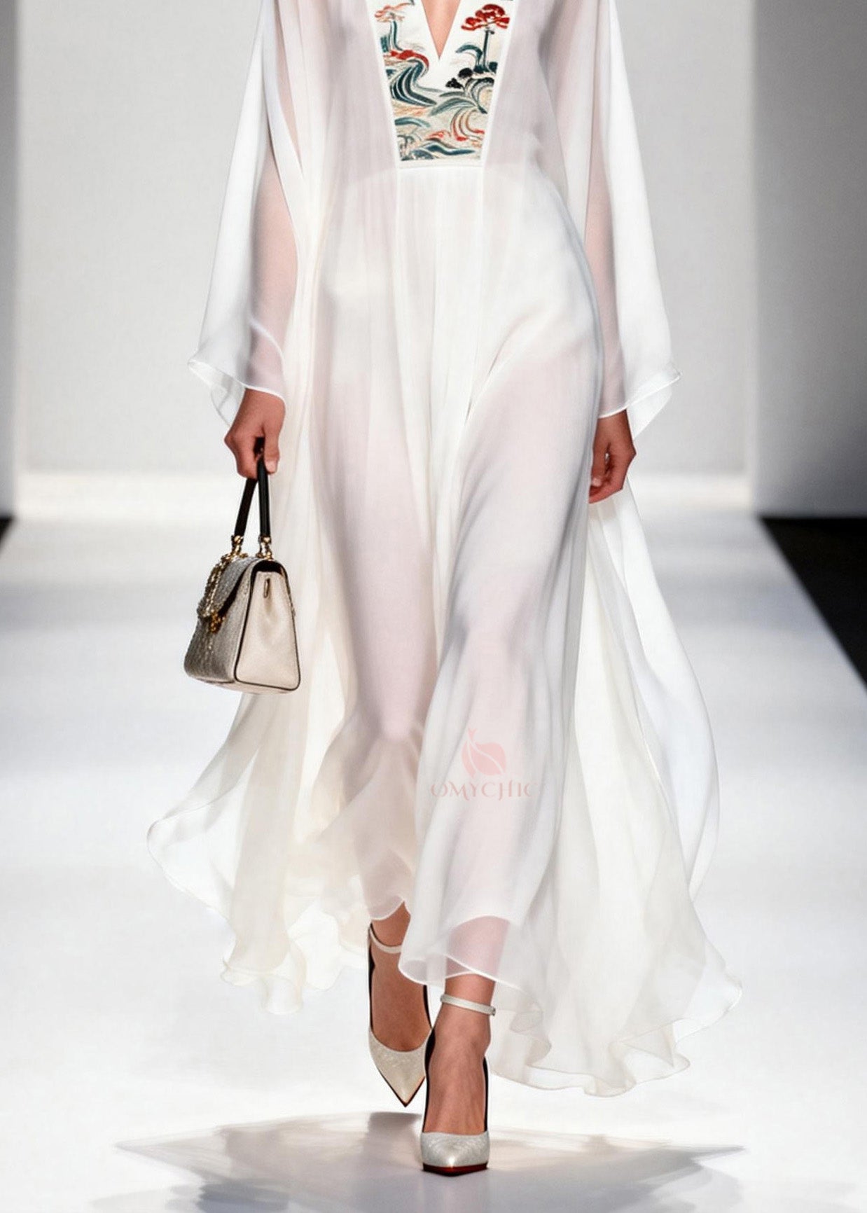 French White V Neck Print Chiffon Long Dresses Summer