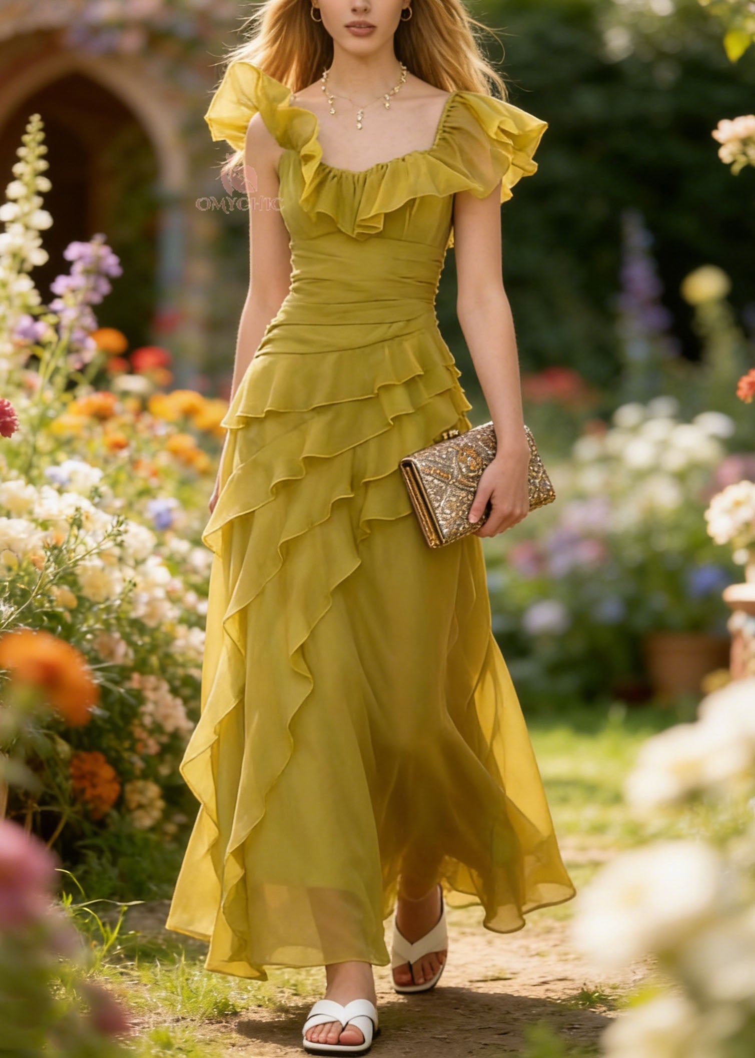 French Yellow Green Ruffled Patchwork Chiffon Dresses Summer