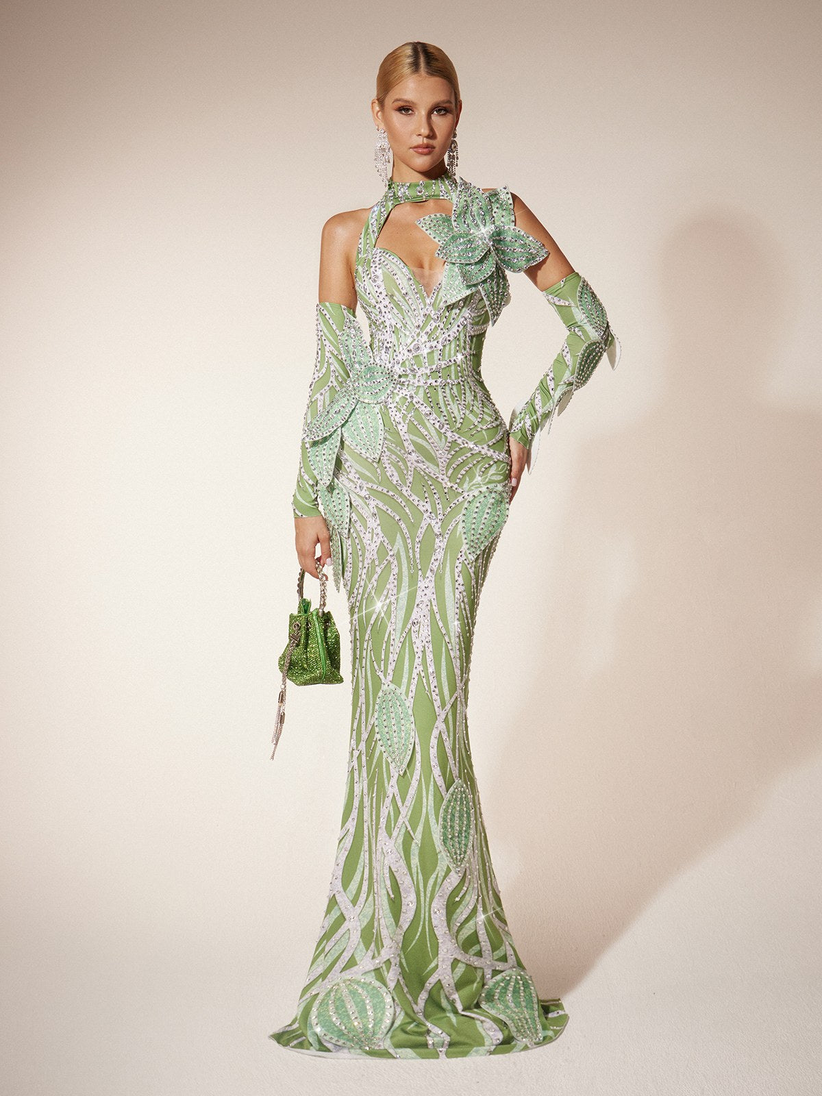 Leaf Diamond Maxi Dress With Arm Sleeves
