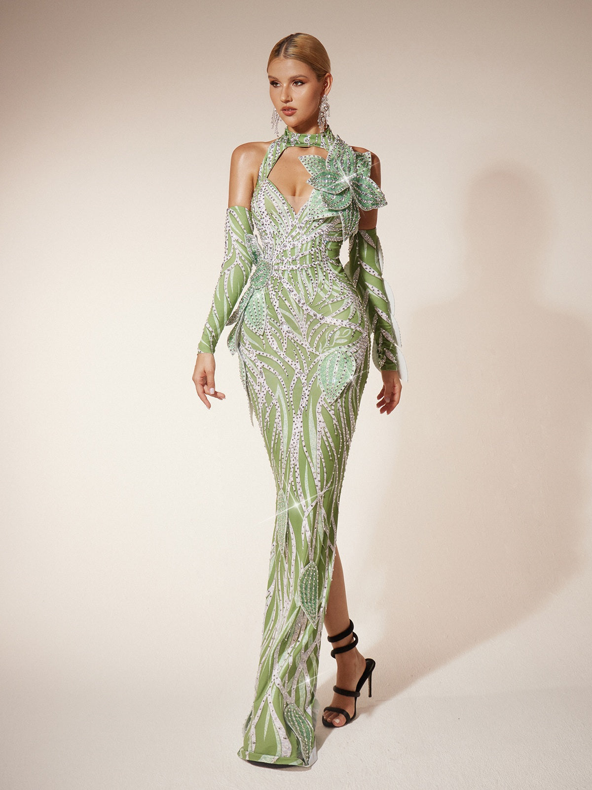 Leaf Diamond Maxi Dress With Arm Sleeves
