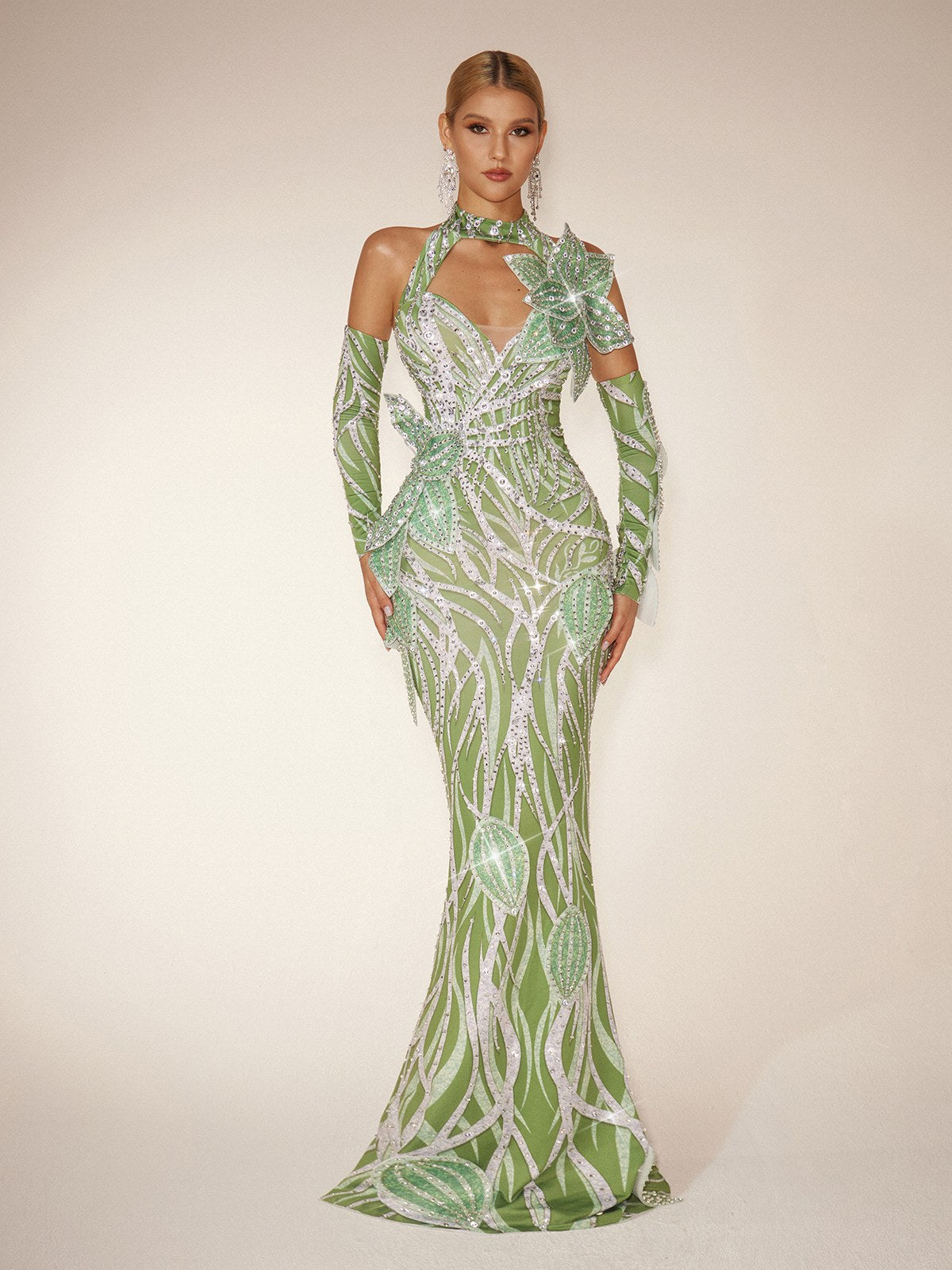 Leaf Diamond Maxi Dress With Arm Sleeves