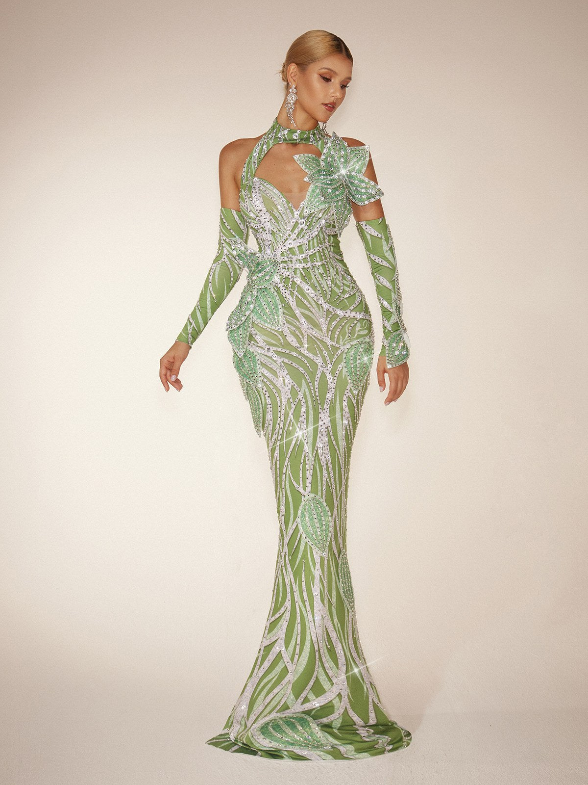 Leaf Diamond Maxi Dress With Arm Sleeves