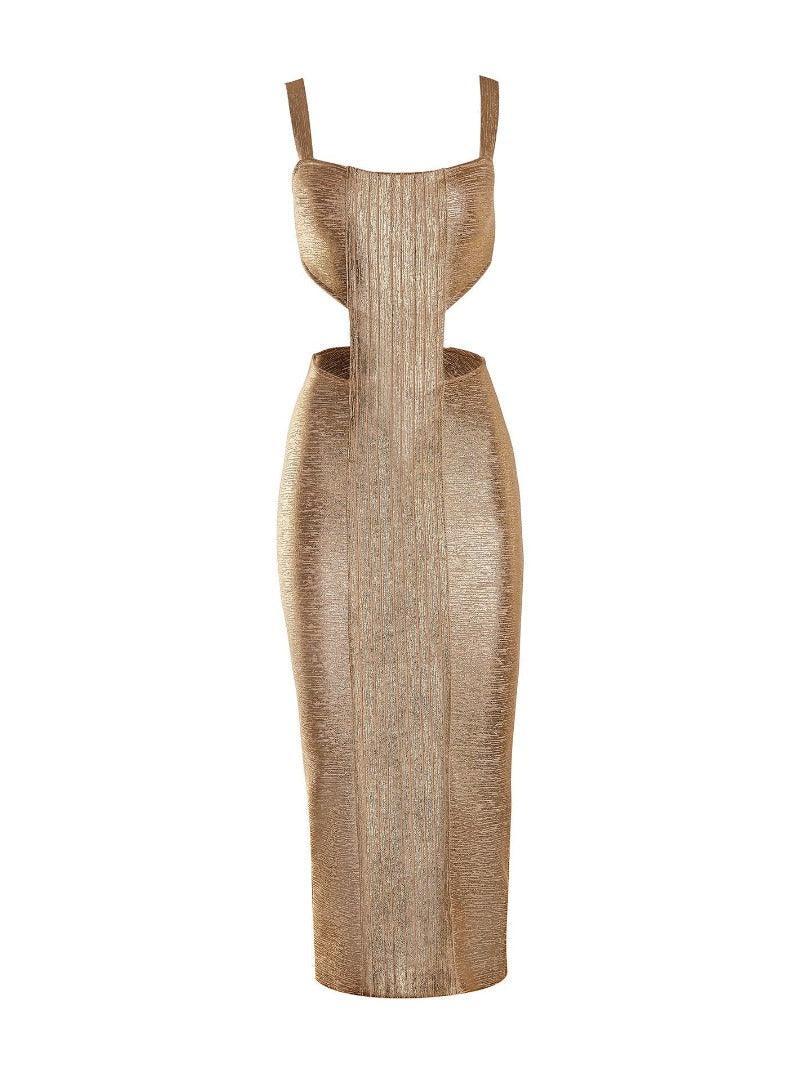 Scoop Neck Metallic Waist Cutout Bandage Bodycon Midi Dress 8