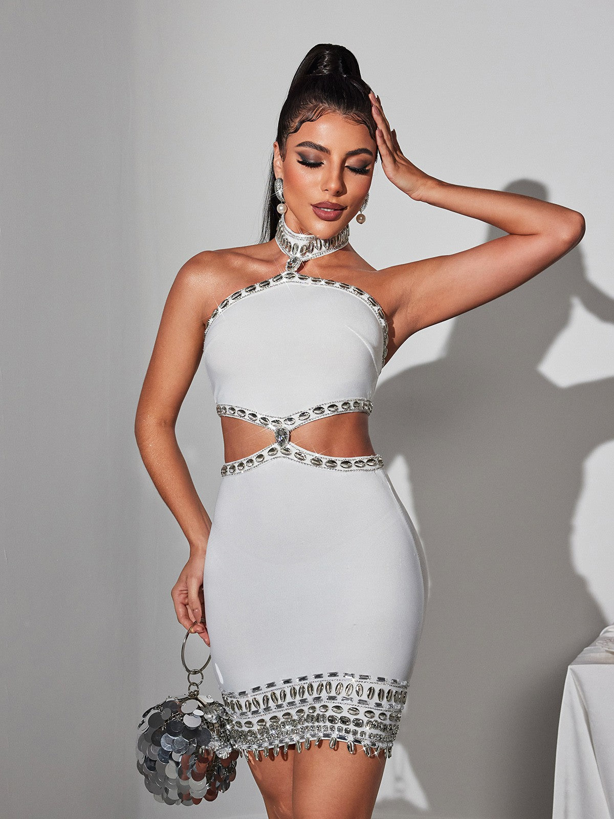 Rhinestone Shell Bandage Mini Dress