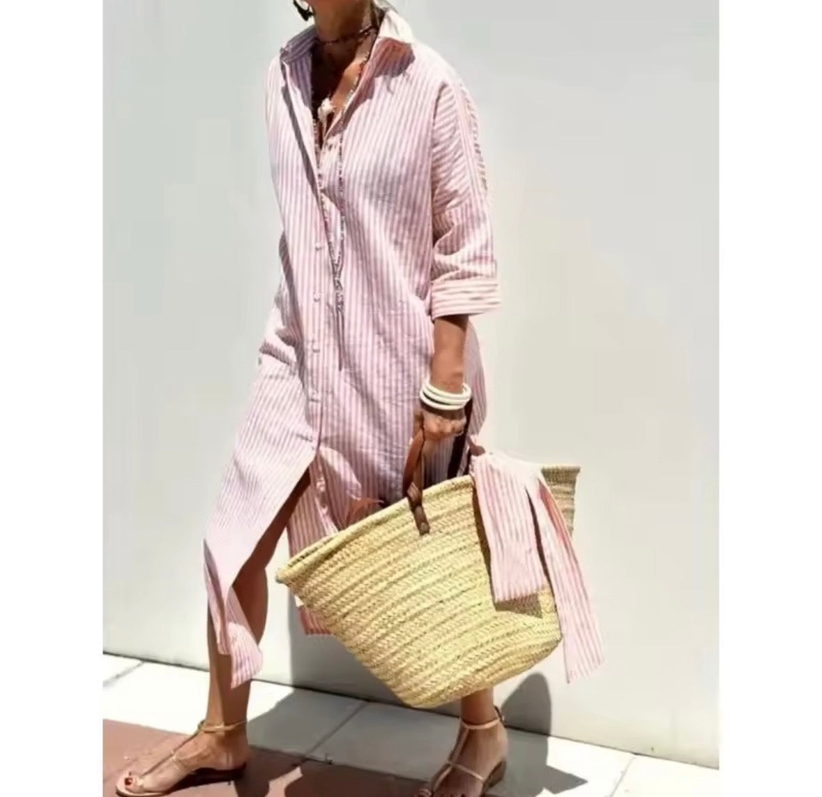 Collared Striped Long Sleeve Button Front Shift Maxi Shirt Dress 3