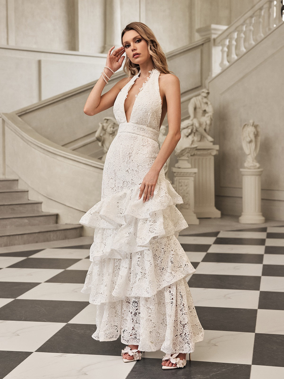Halterneck Ruffle Tiered Maxi Dress