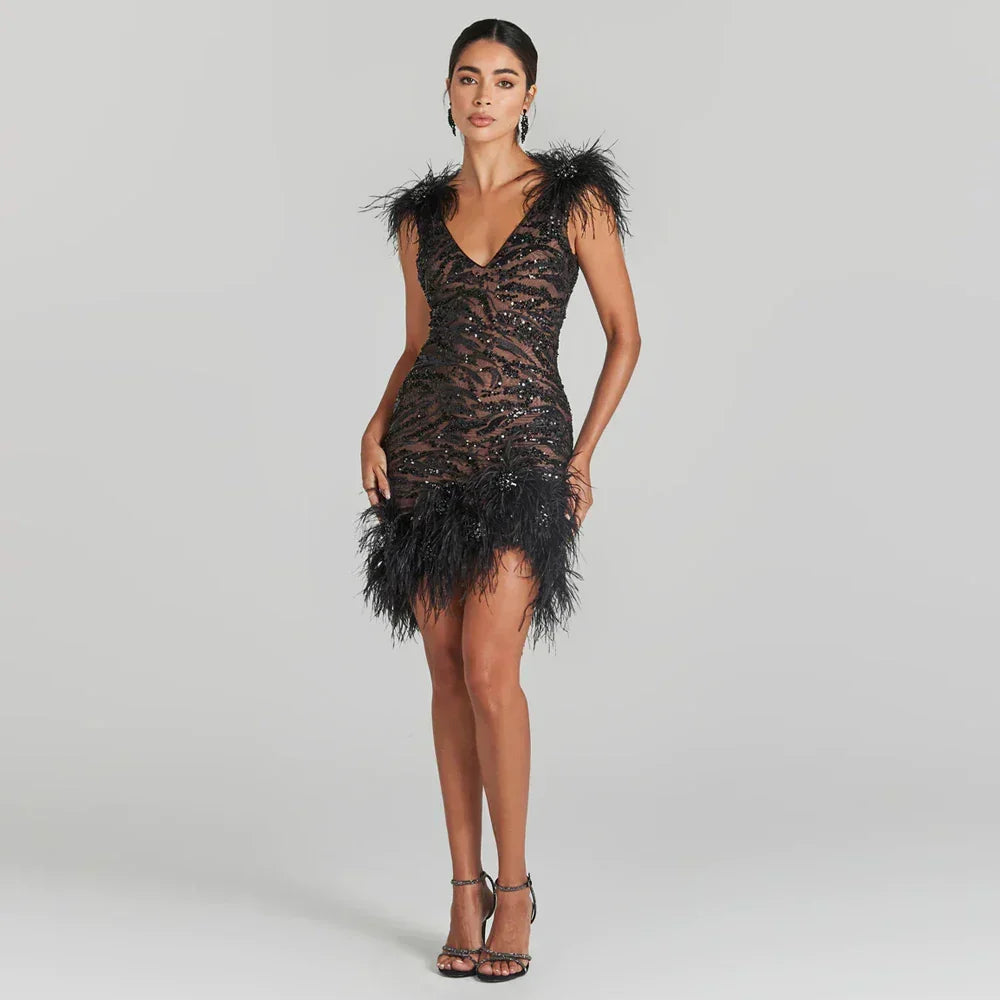 Sequined V-Neck Party Dress Champagne / Xs Partydress-241208