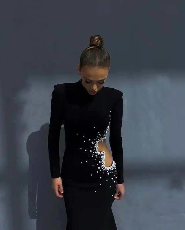 Beaded Pearl Long Sleeve Party Dress