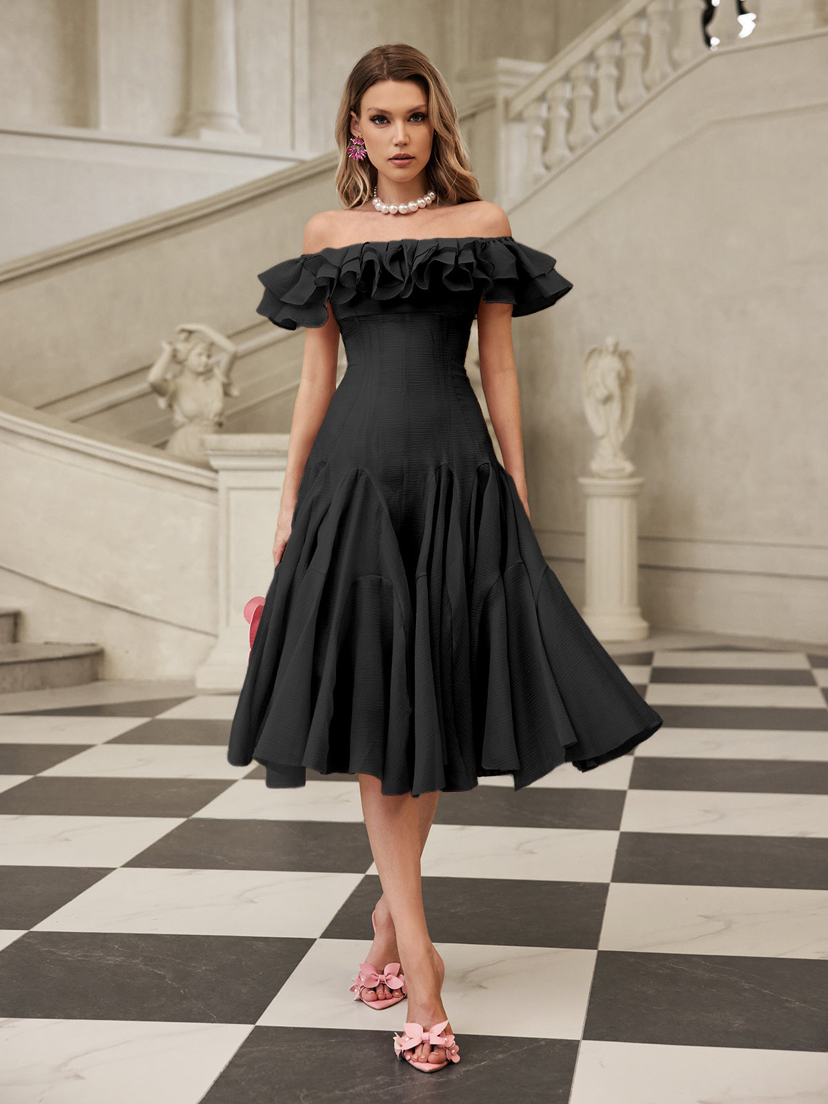 Off Shoulder Ruffle Midi Dress In Black