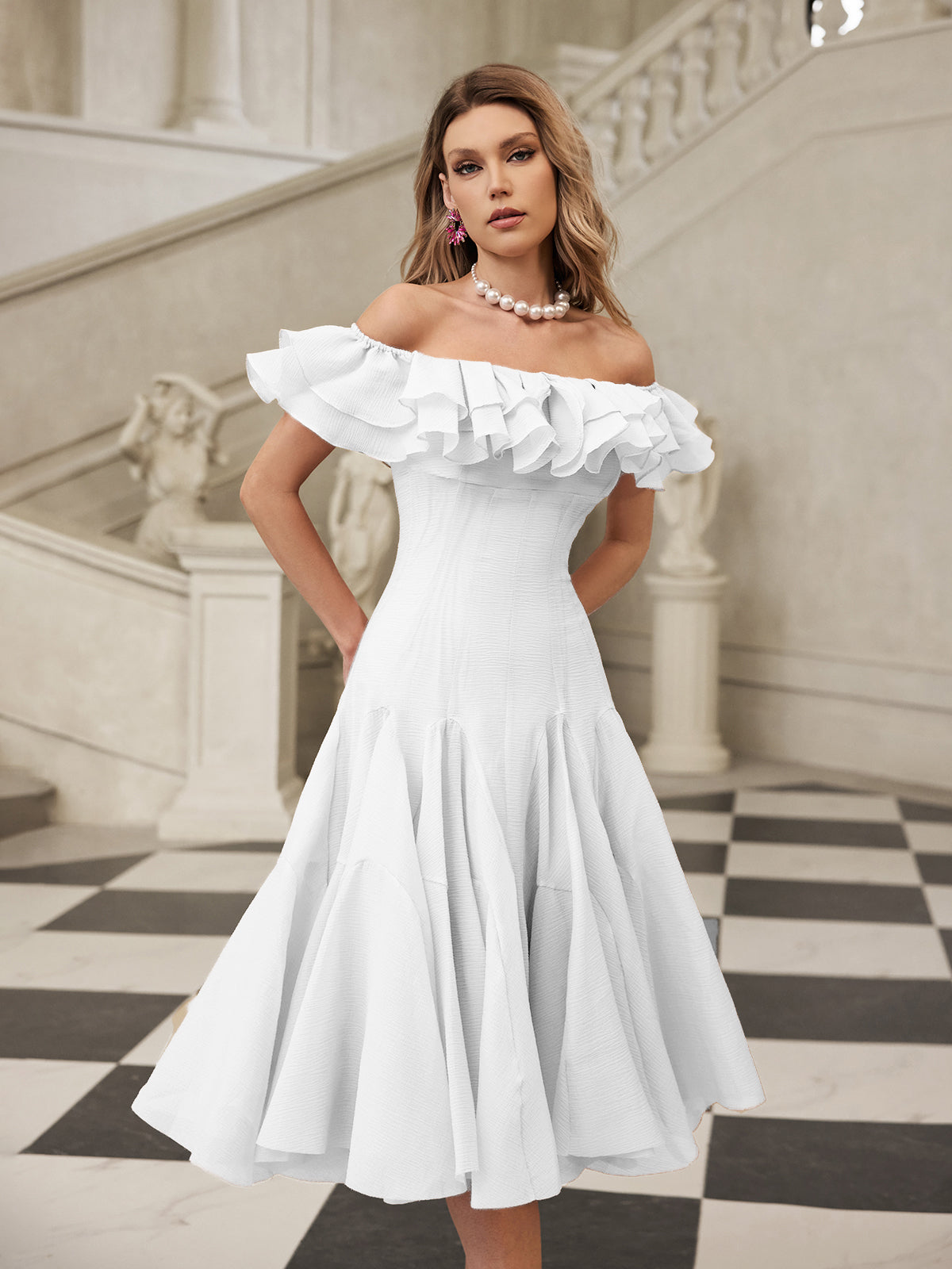 Off Shoulder Ruffle Midi Dress In White