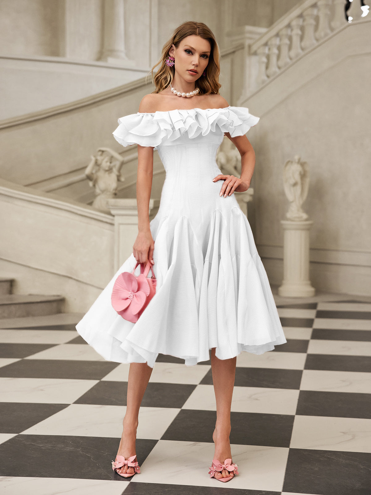 Off Shoulder Ruffle Midi Dress In White