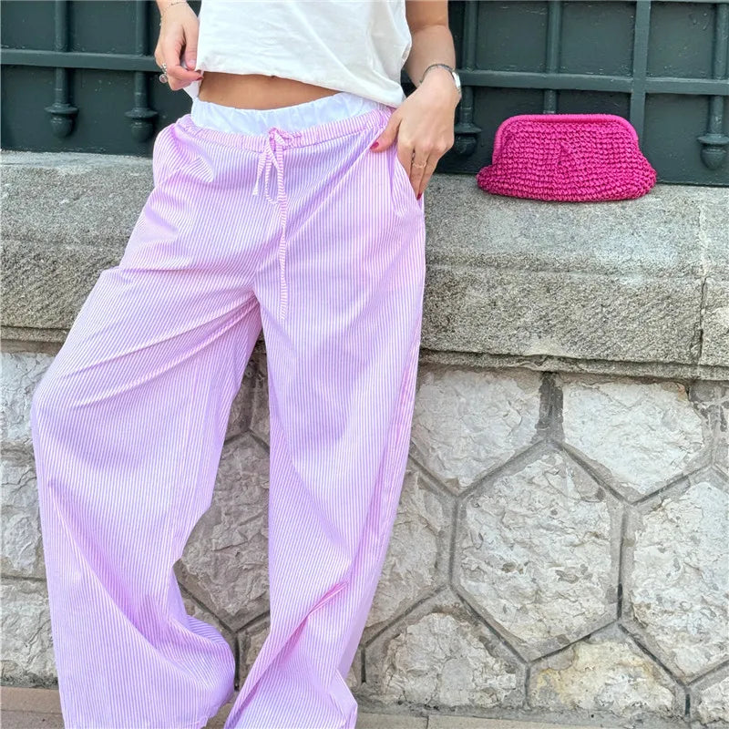 Plaid Print Elastic Drawstring Work Office Pant Pink / S pant-250223