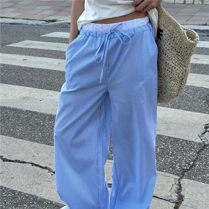 Plaid Print Elastic Drawstring Work Office Pant Blue / S pant-250223
