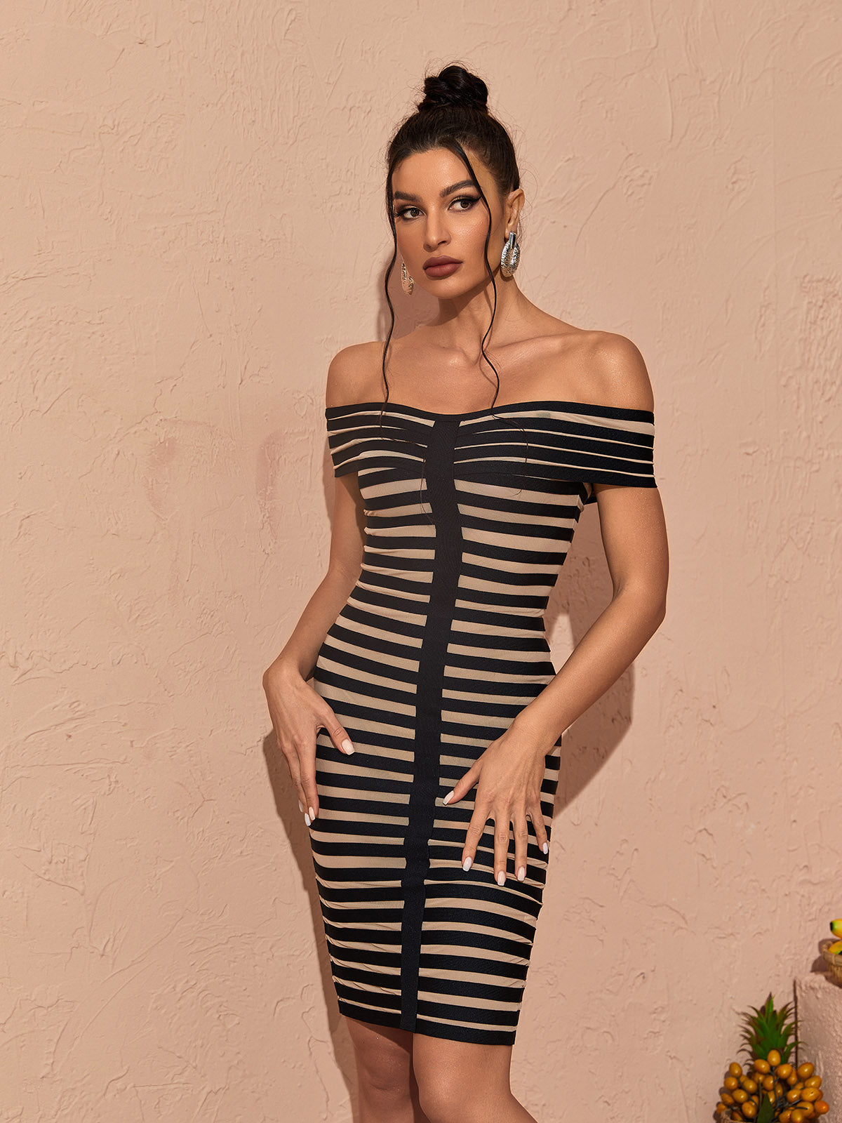 Off-Shoulder Striped Mesh Bodycon Midi Dress