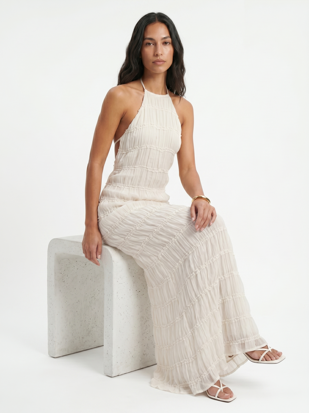Halter Neck Tiered Ruffle Textured Column Maxi Dress 4