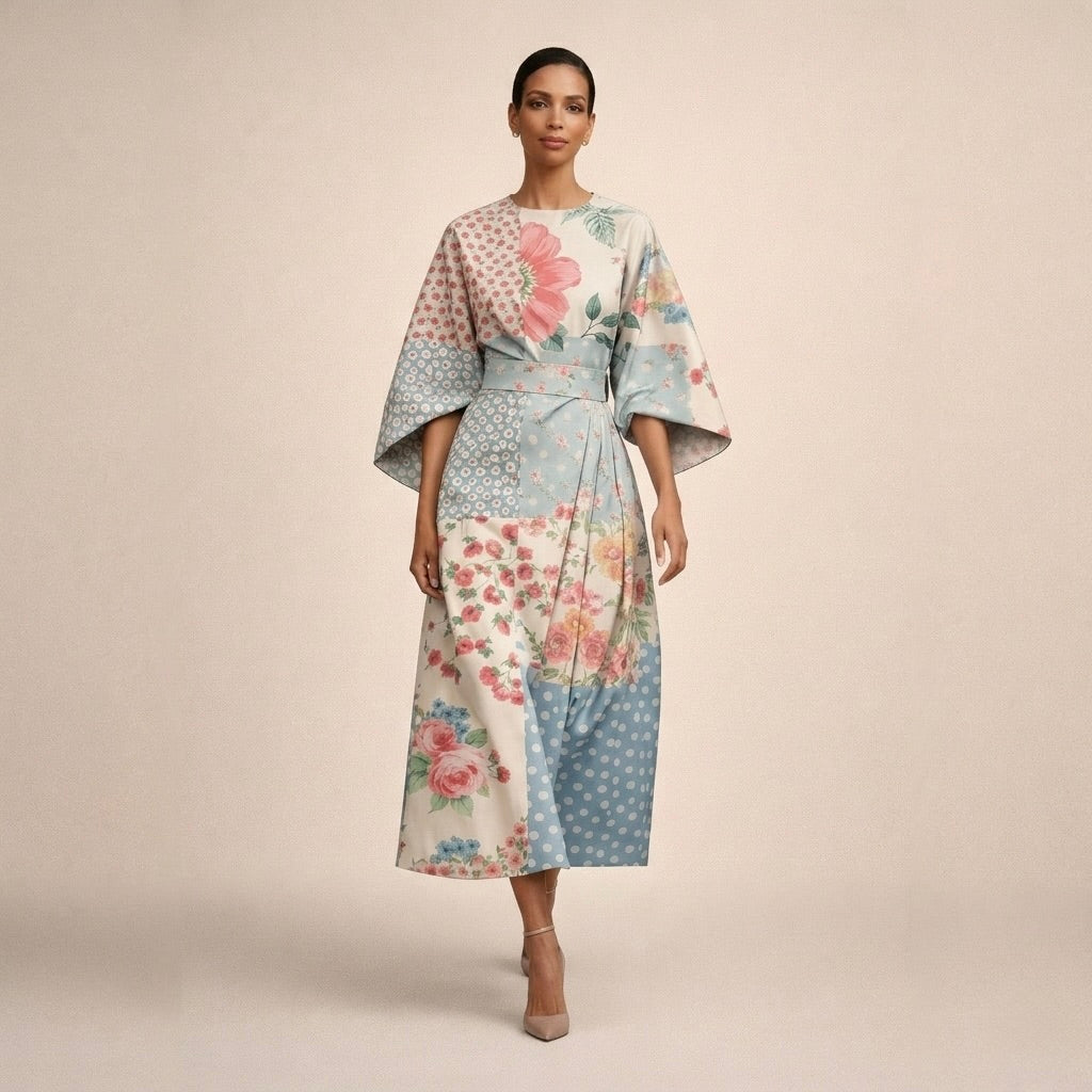 Round Neck Bell Sleeve Floral A-Line Midi Dress 2