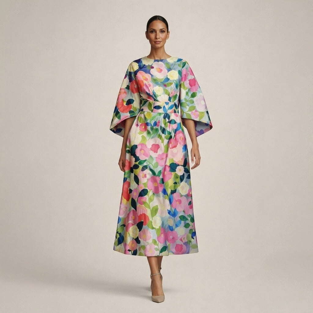 Round Neck Bell Sleeve Floral A-Line Midi Dress