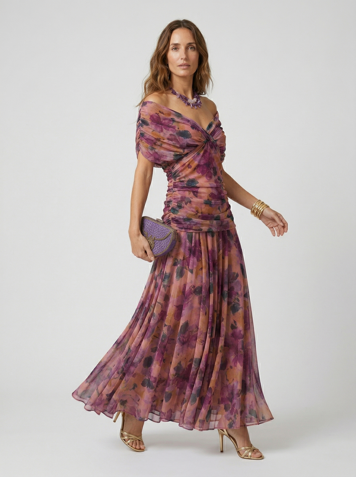 Off-Shoulder Twist Front Floral Print Ruched A-Line Maxi Dress 4