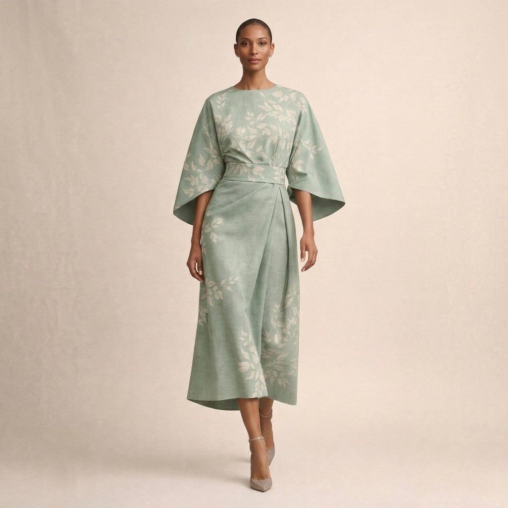 Round Neck Bell Sleeve Floral A-Line Midi Dress 4