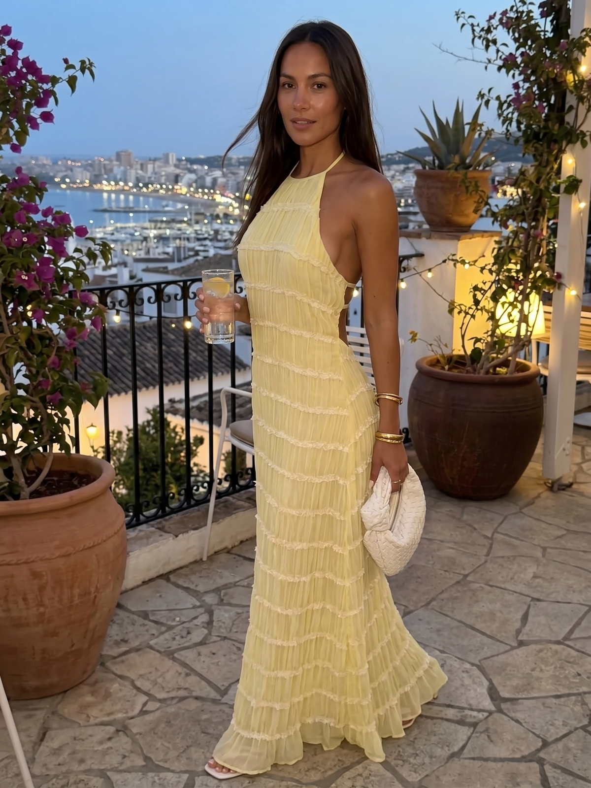 Halter Neck Tiered Ruffle Textured Column Maxi Dress 14